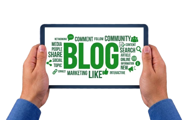Blog writing illustration with person working on laptop