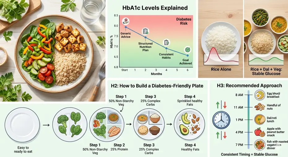 A multi-panel diabetes nutrition infographic featuring a balanced plate photo. An HbA1c progress graph showing a 1% reduction, a comparison visual