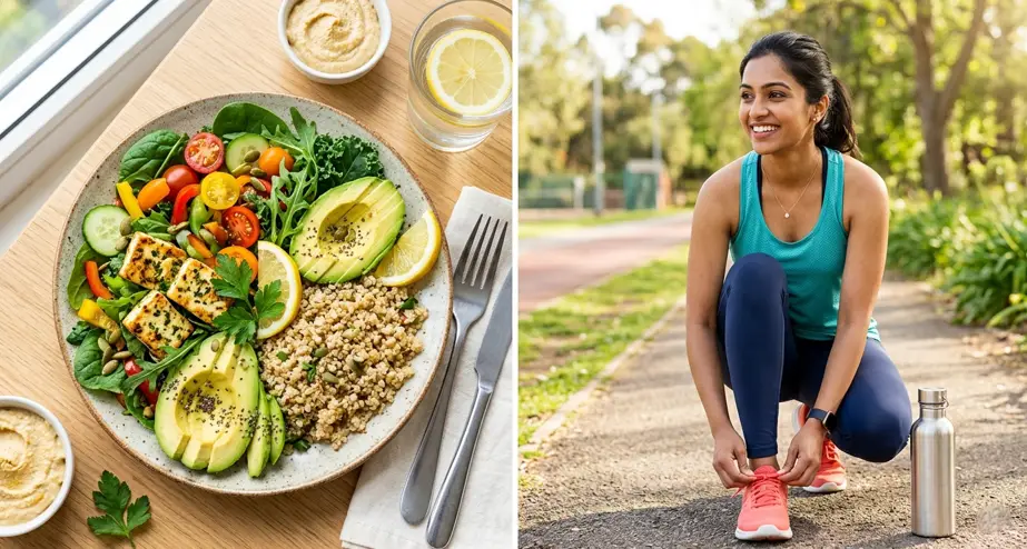 A balanced healthy meal next to a woman preparing for a workout representing a natural PCOS lifestyle approach.